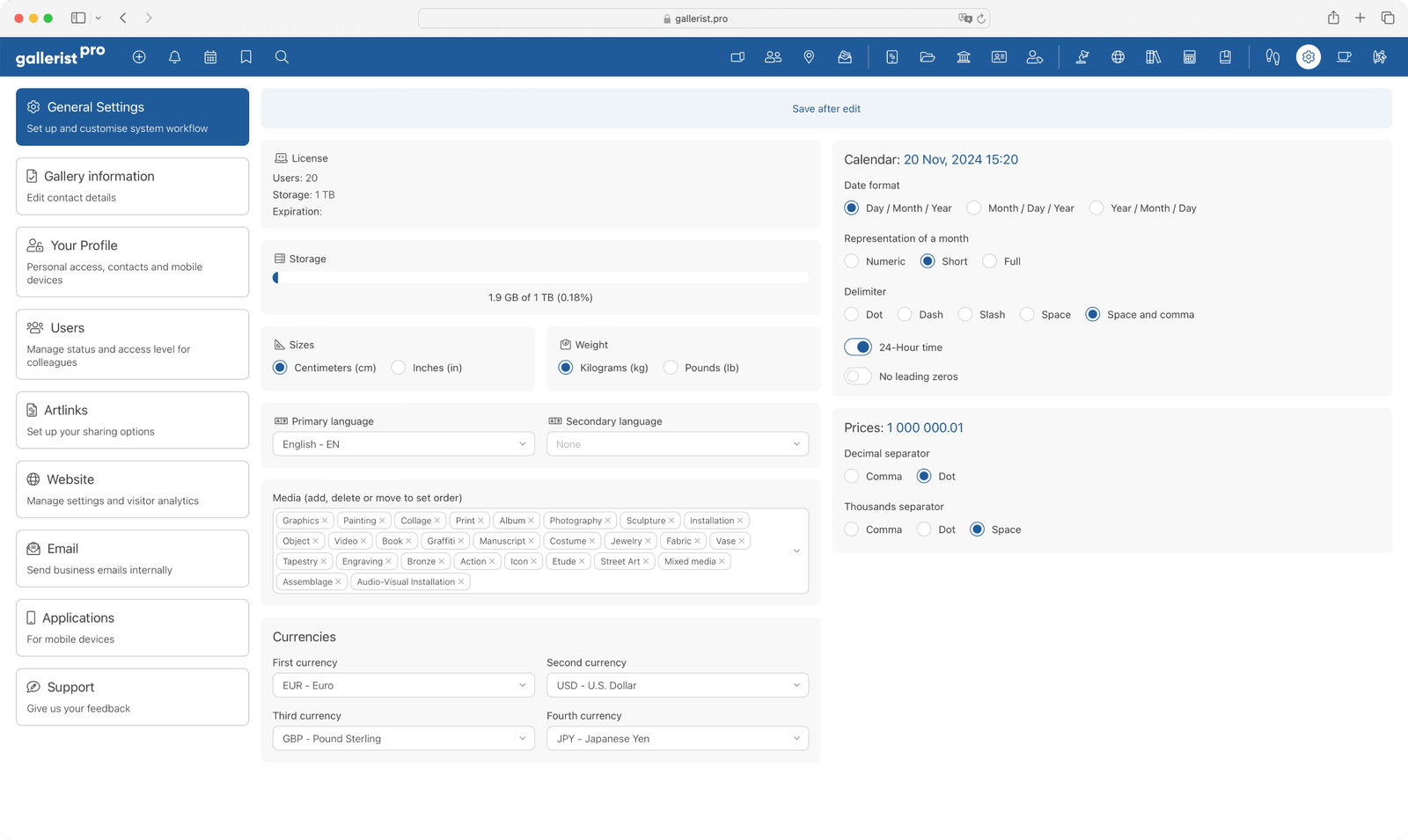 gallerist.pro - settings
