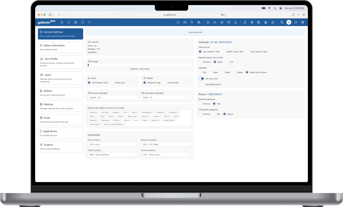 gallerist.pro - laptop - settings