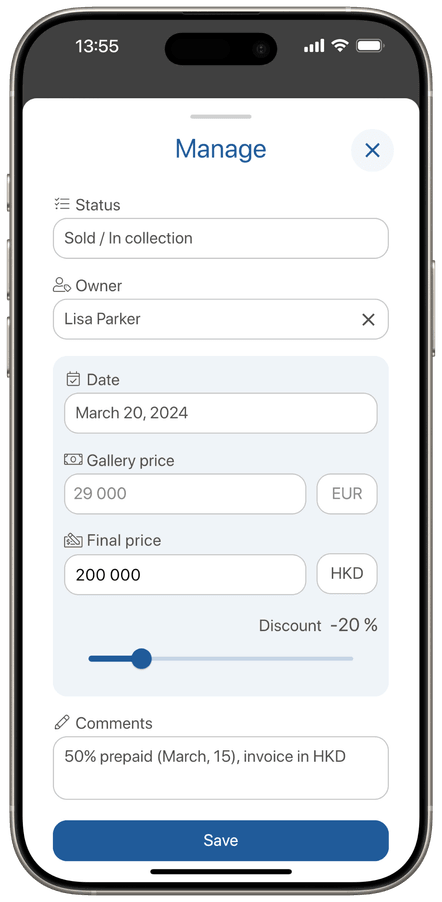 gallerist.pro - app - manage status