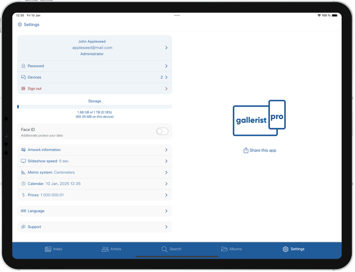 gallerist.pro - tablet - settings